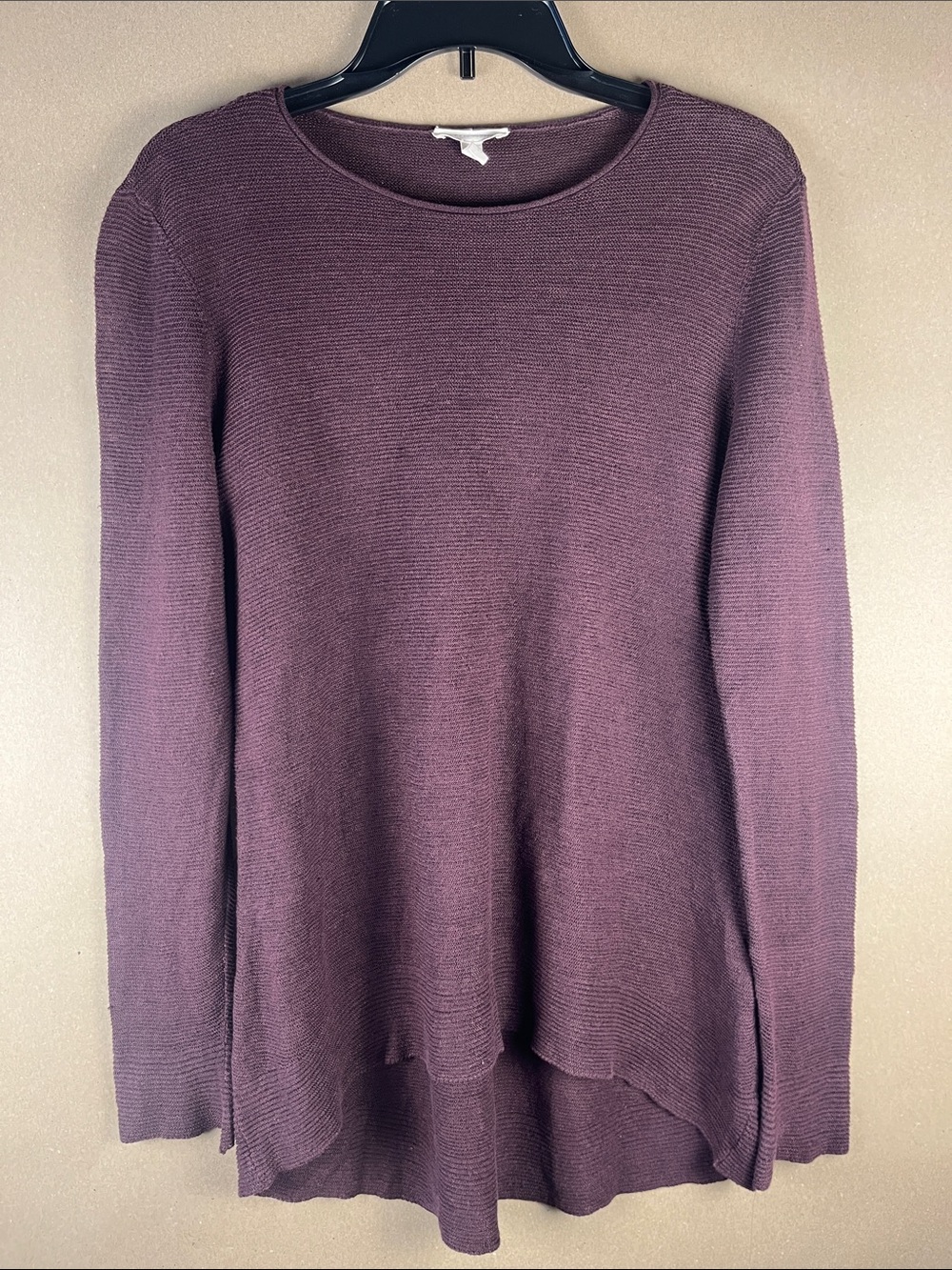 NWOT Eileen Fisher 100% Organic Linen Sweater S Plum High Low Hem Crew Neck